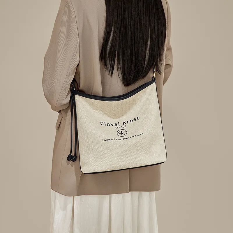 CinvaiKrose Fabric Tote Bucket Bag Shoulder Bag Small Size Women's Ecru-3