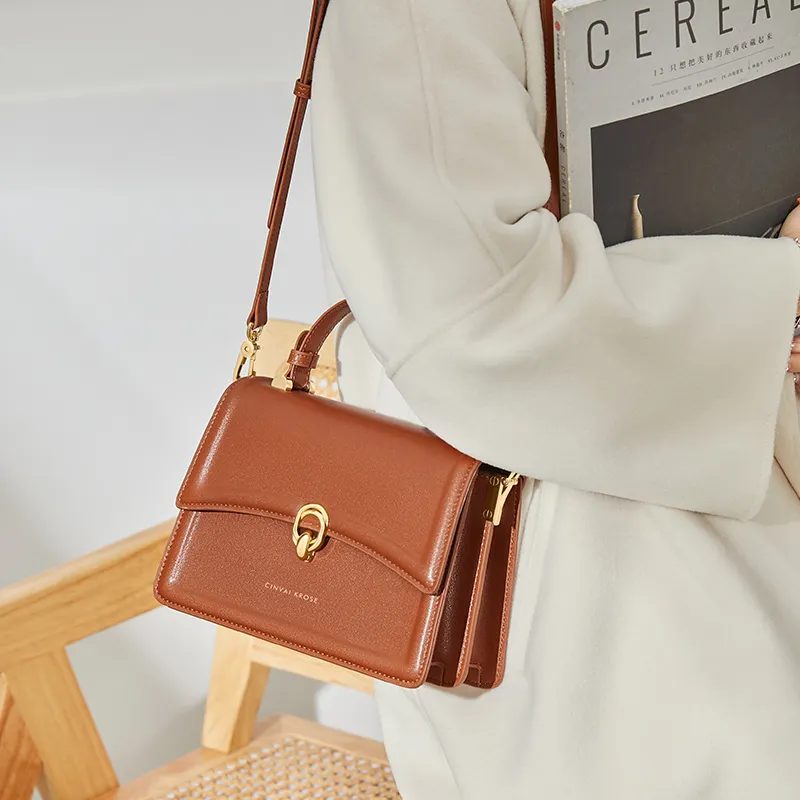 Simvay Clos Cow Leather With Synthetic Leather Shoulder Bag Crossbody Bag Handbags Small Size Women's Brown/Black-4