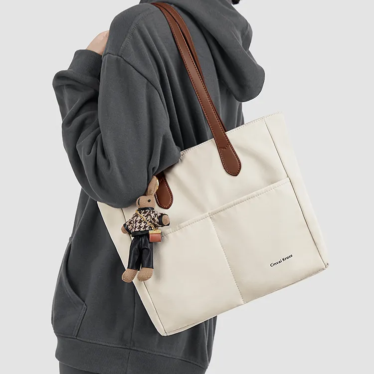 CinvaiKrose Fabric Shoulder Bag Tote Tote Shopping Bag Large Size Women's Ecru-2