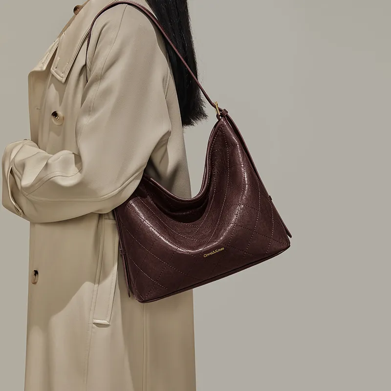 Simvay Clos Cow Leather Patchwork Synthetic Leather Bucket Bags Shoulder Bags Regular Women's Dark Brown/Black-4
