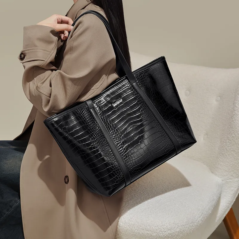 Simvay Clos PU Bonded Synthetic Leather Portable Tote Shoulder Bag Tote Shopping Bag Large Size Women's Black/Ecru-2