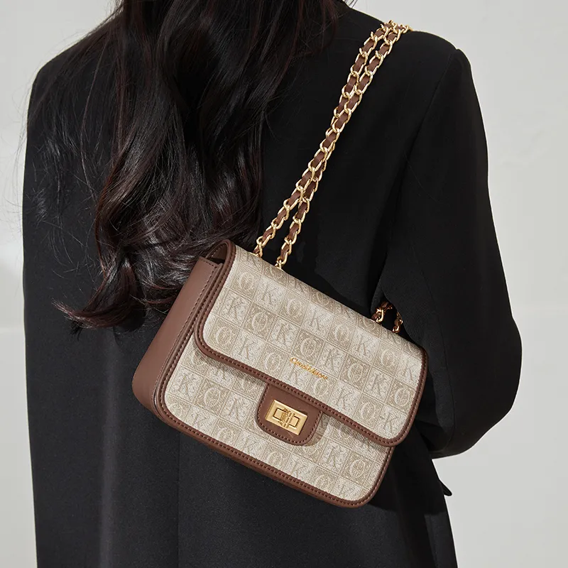 CinvaiKrose PVC With Synthetic Leather Shoulder Bag, Crossbody Bag, Chain Shoulder Bag Small Size Women's Khaki & Brown-3