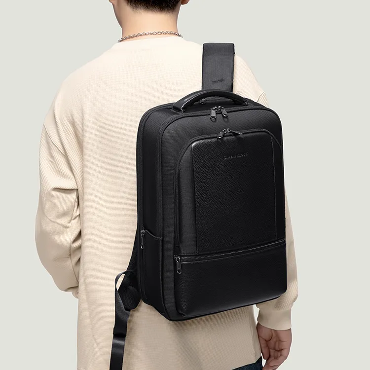 Simvay Clos Fabric With Cow Leather Backpack Laptop Bag Travel Bag Large Size Men's Black-7