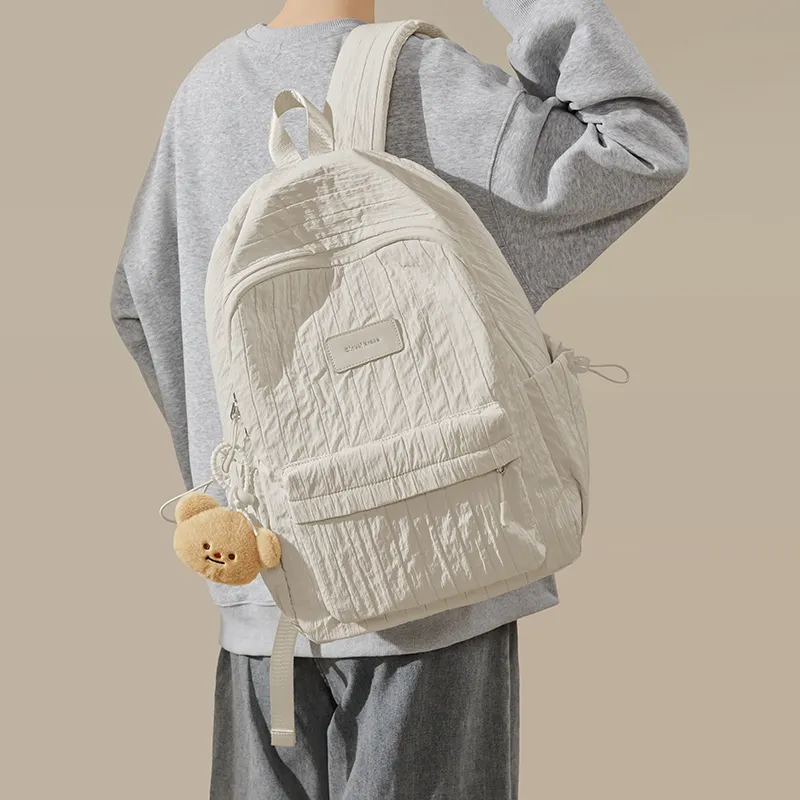 CinvaiKrose Fabric With Synthetic Leather Backpack Large Size Women's Cream White/Milk Tea Beige-4