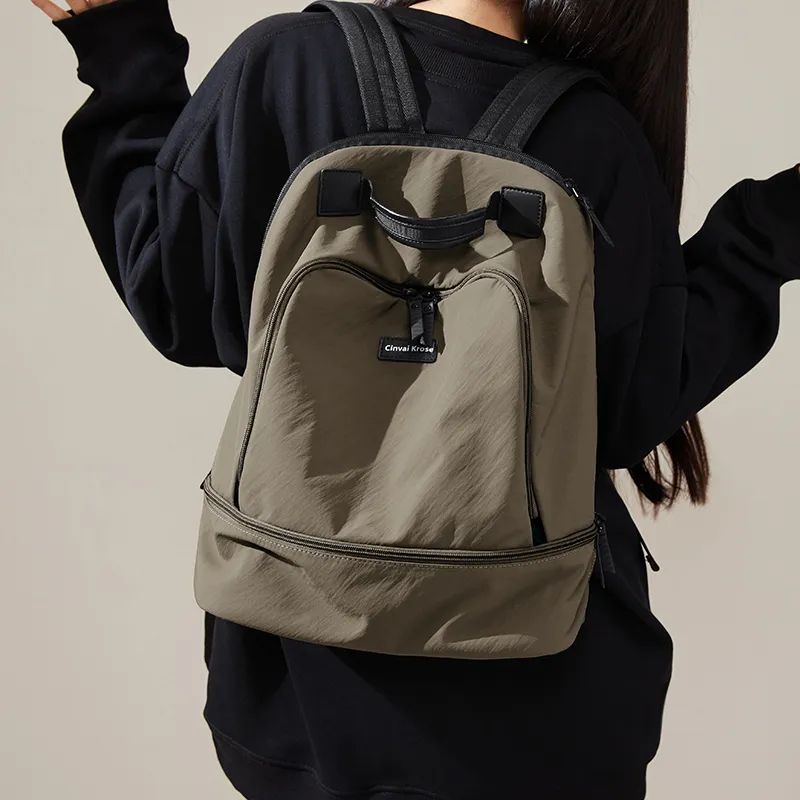 CinvaiKrose Fabric Backpack Large Size Unisex Khaki-4