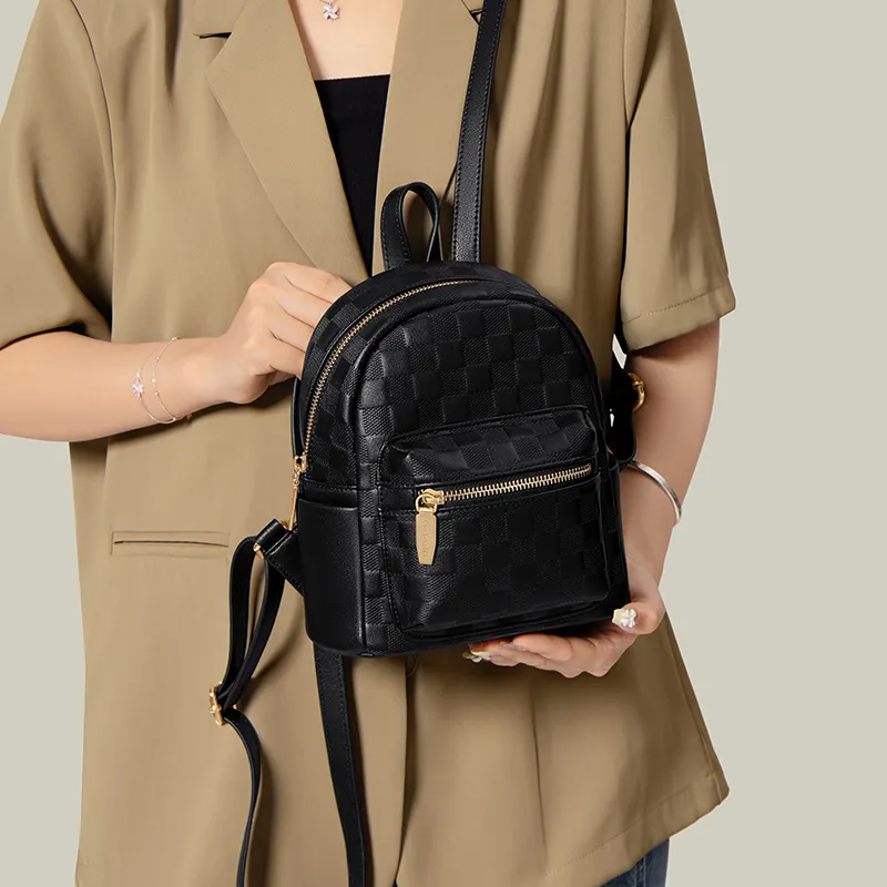 CinvaiKrose Cow Leather Patchwork Synthetic Leather Travel Backpack Medium Size Women's Black/Ecru-5