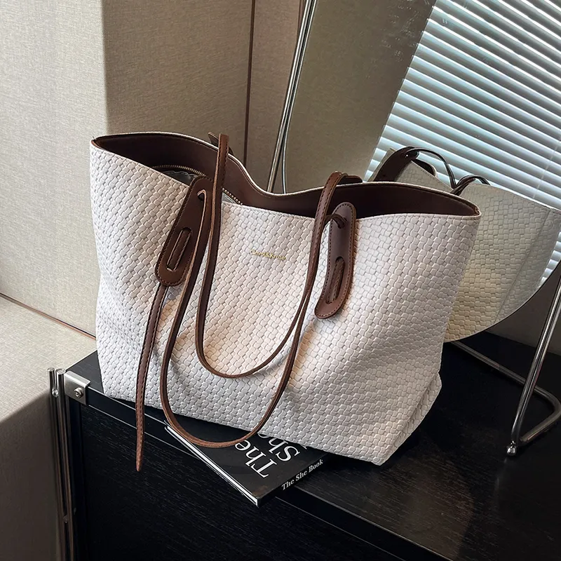 Simvay Clos PVC With Synthetic Leather Tote Bag Shopping Bag Shoulder Bag Large Size Women's Black/Ecru & Brown-11