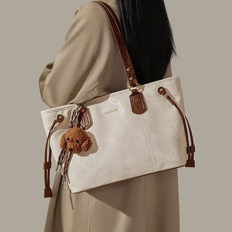 Simvay Clos PU Shoulder Bag Tote Bag Shopping Bag Large Size Women's Coffee/Ecru/Black-8