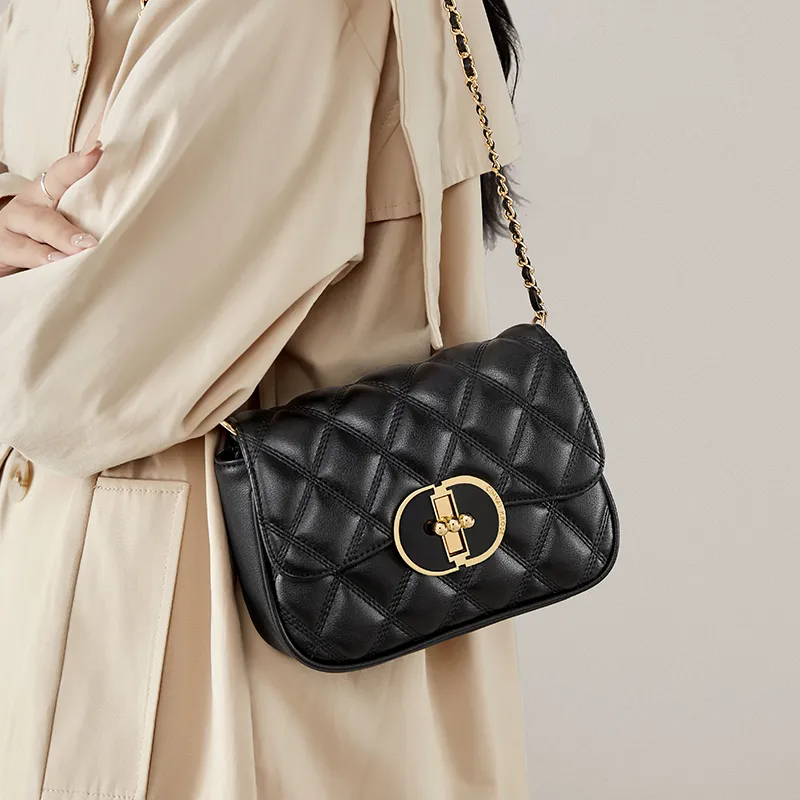 Simvay Clos Cow Leather With Synthetic Leather Chain Shoulder Bag Crossbody Bag Small Size Women's Black/Ecru-1