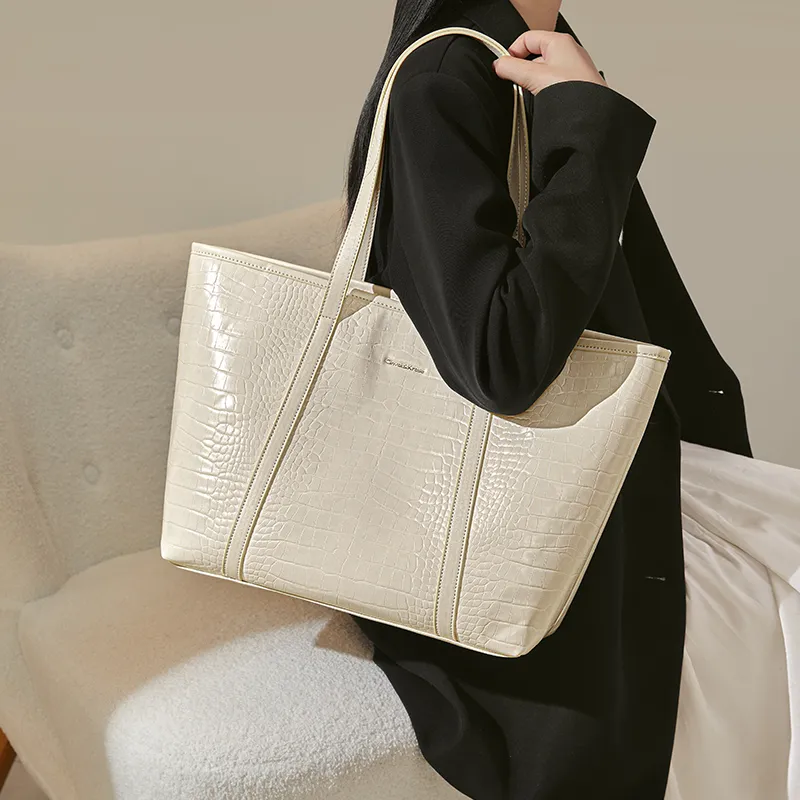 Simvay Clos PU Bonded Synthetic Leather Portable Tote Shoulder Bag Tote Shopping Bag Large Size Women's Black/Ecru-7