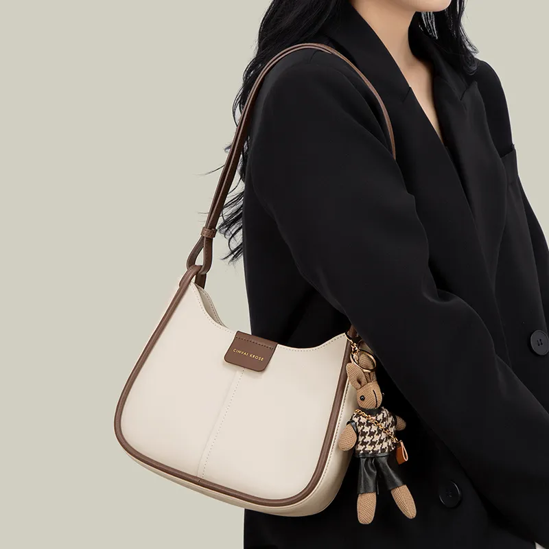 Simvay Clos Cow Leather With Synthetic Leather Bucket Bags Shoulder Bags Medium Size Women's Ecru/Coffee-3