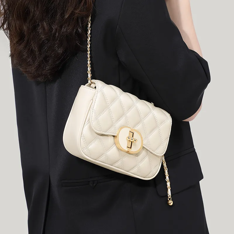 Simvay Clos Cow Leather With Synthetic Leather Chain Shoulder Bag Crossbody Bag Small Size Women's Black/Ecru-9