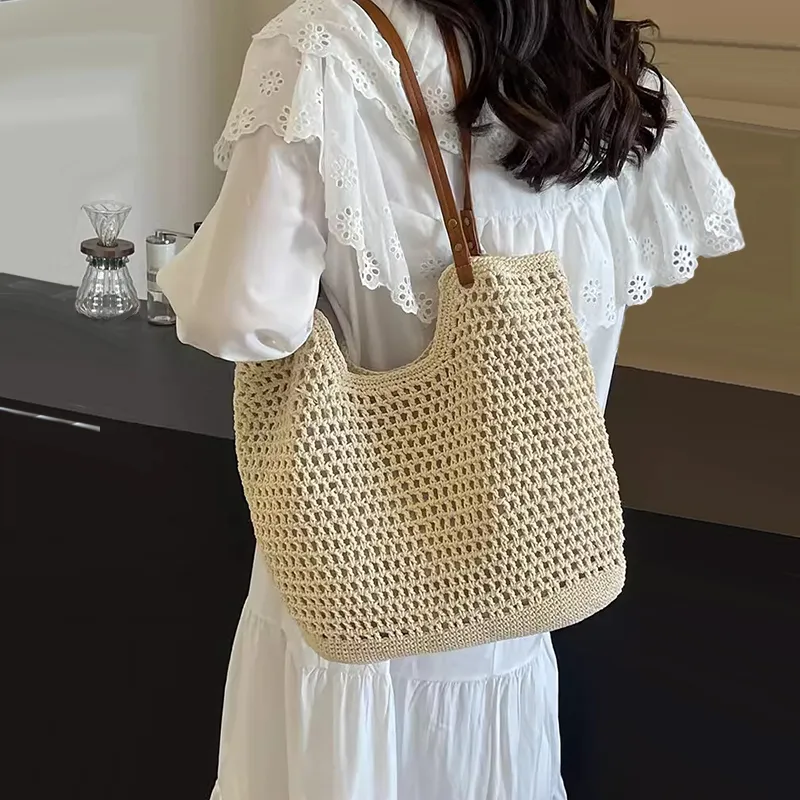 CinvaiKrose Yarn One Shoulder Tote Shopping Bag Portable Large Bag Large Size Women's Khaki-8