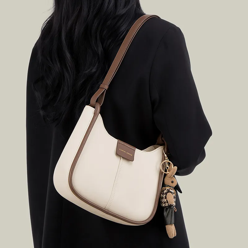 Simvay Clos Cow Leather With Synthetic Leather Bucket Bags Shoulder Bags Medium Size Women's Ecru/Coffee-2