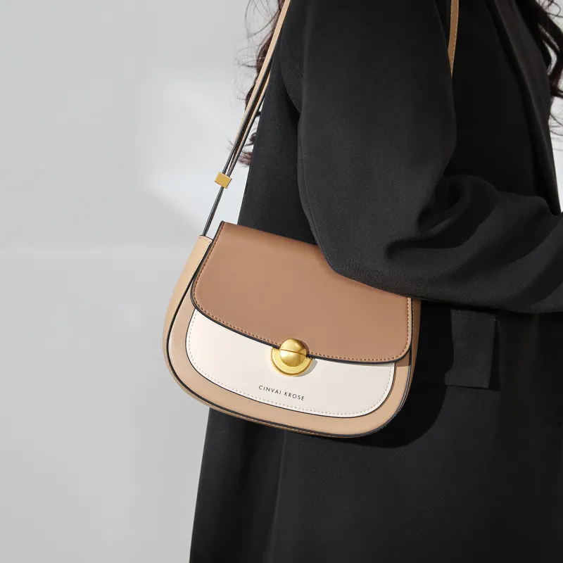 CinvaiKrose Cow Leather With Synthetic Leather Shoulder Bag, Crossbody Bag Small Size Women's Cream Apricot/Green-3
