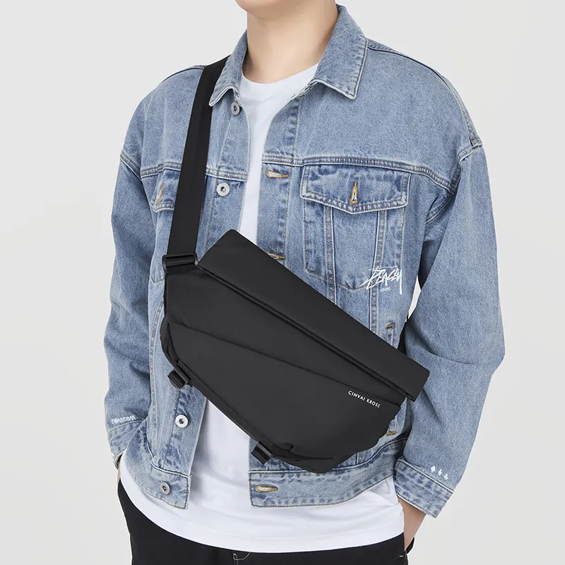 CinvaiKrose Nylon Fabric Shoulder Bag, Crossbody Bag, Sling Bag, Messenger Bag Medium Size Men's Denim Blue/Black/Gray-12