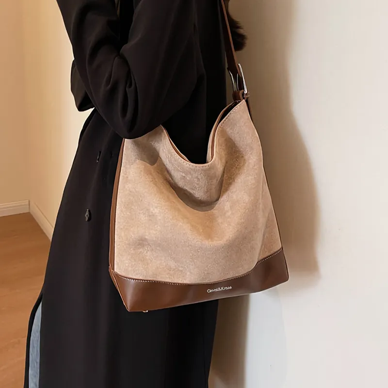 Simvay Clos Fabric With Synthetic Leather Shoulder Bag Crossbody Bag Bucket Bag Large Size Women's Coffee-3