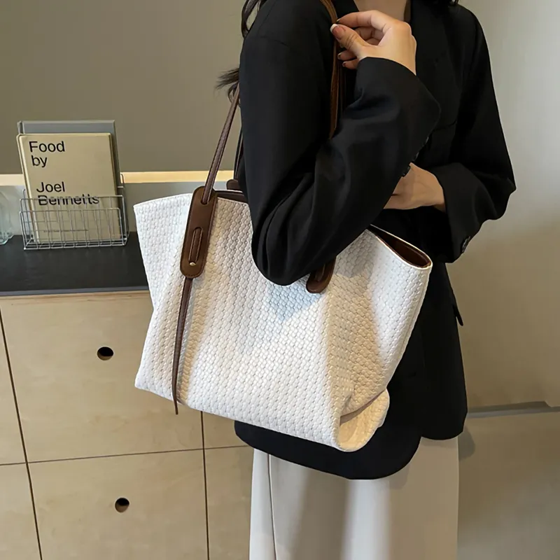 Simvay Clos PVC With Synthetic Leather Tote Bag Shopping Bag Shoulder Bag Large Size Women's Black/Ecru & Brown-13