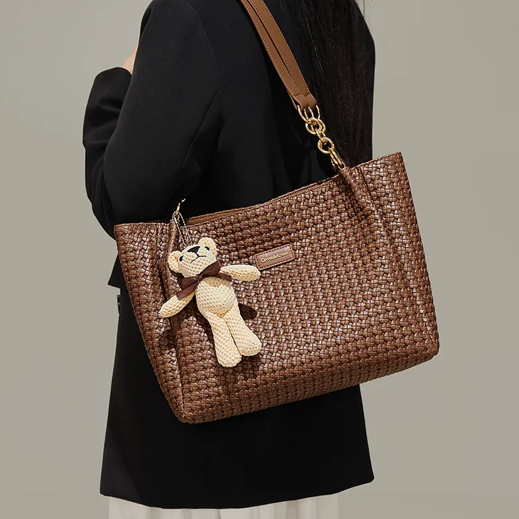 Simvay Clos PVC And Synthetic Leather Shoulder Bag Handheld Tote Shopping Bag Large Size Women's Coffee/Ecru-1