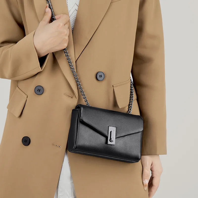 Simvay Clos Cow Leather Shoulder Bag Crossbody Bag Small Square Bag Shoulder Bag Small Size Women's Black/Ecru-3