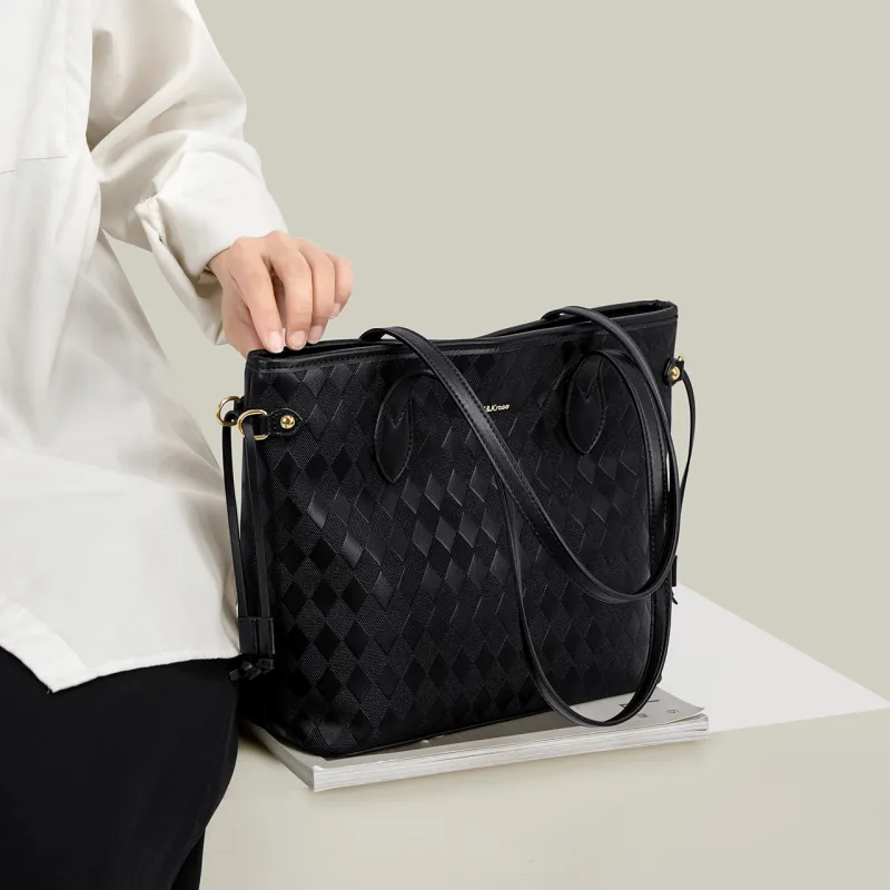 CinvaiKrose PU Bonded Synthetic Leather Shoulder Bag Tote Small Size Women's Diamond Pattern Ecru/Diamond Pattern Black-9
