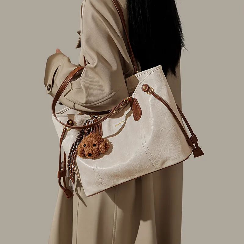 Simvay Clos PU Shoulder Bag Tote Bag Shopping Bag Large Size Women's Coffee/Ecru/Black-10
