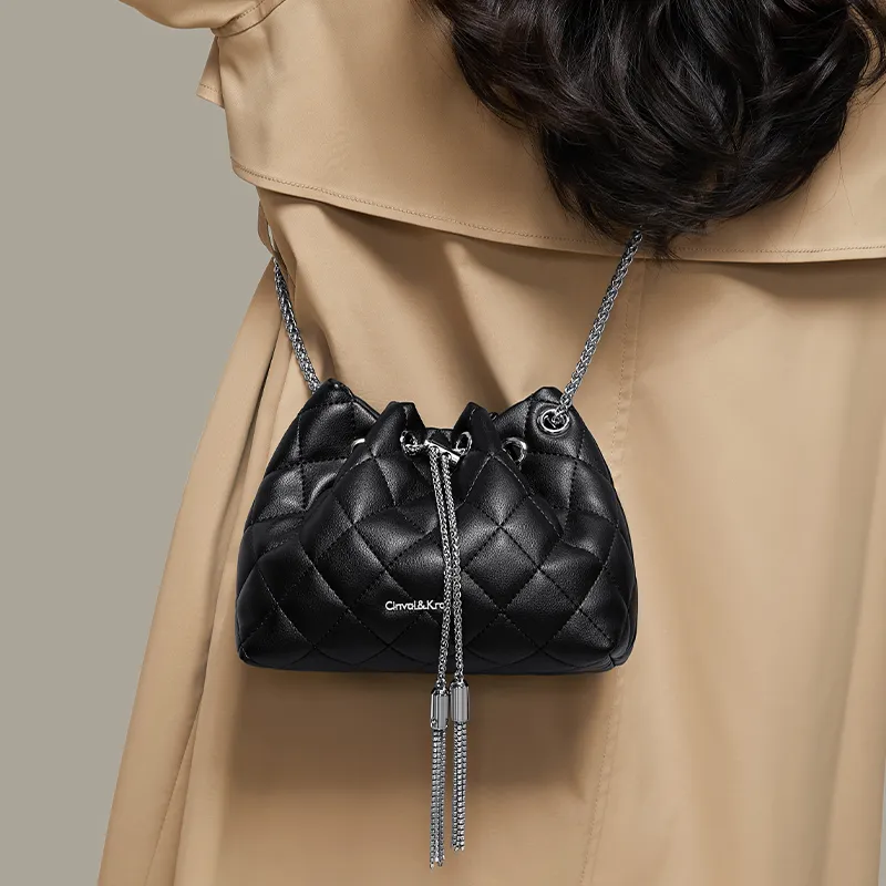 CinvaiKrose Cow Leather With Synthetic Leather Shoulder Bag Crossbody Bag Bucket Bag Small Size Women's Black/Ecru-4
