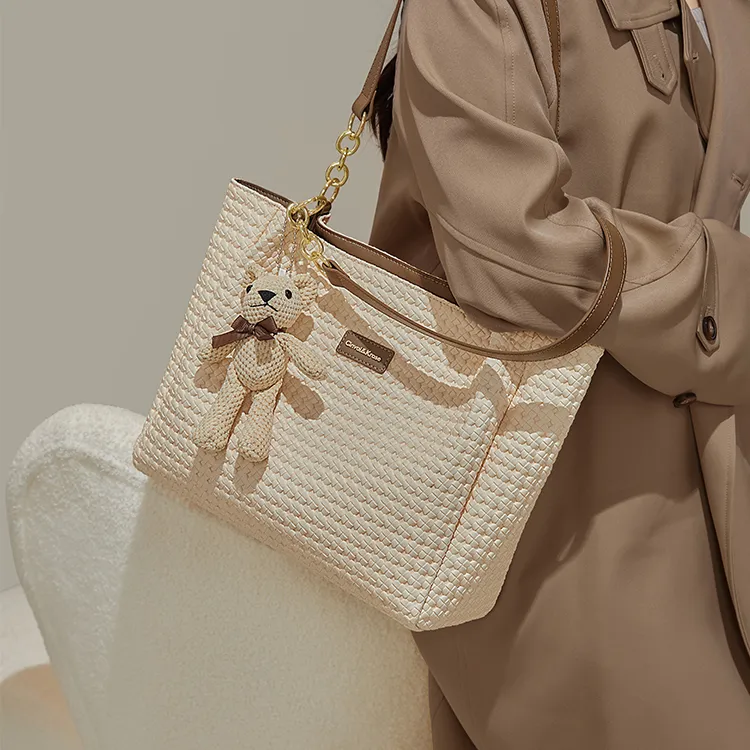 Simvay Clos PVC And Synthetic Leather Shoulder Bag Handheld Tote Shopping Bag Large Size Women's Coffee/Ecru-15