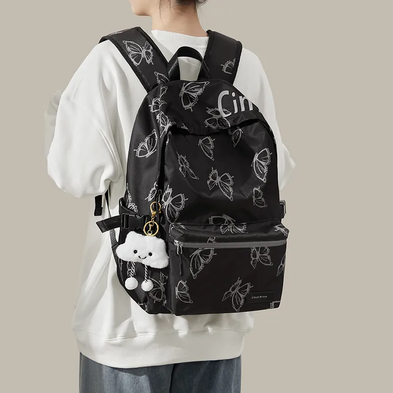 CinvaiKrose Fabric, Synthetic Leather Backpack Large Size Women's Ecru/Black-9