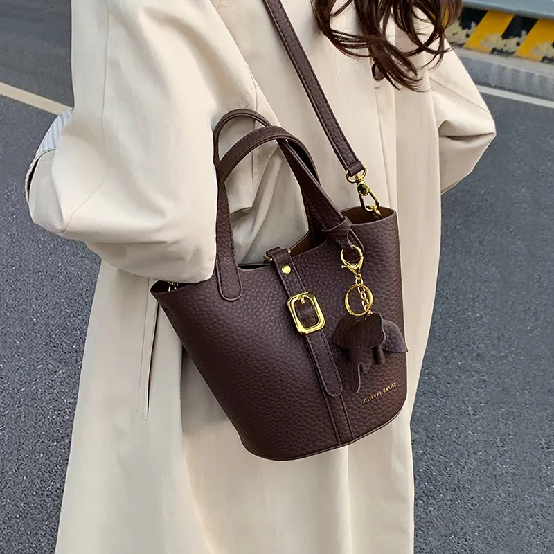 Simvay Clos Cow Leather With Synthetic Leather Shoulder Bag Crossbody Bag Bucket Bag Medium Size Women's Coffee/Black-1