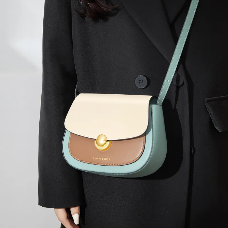 CinvaiKrose Cow Leather With Synthetic Leather Shoulder Bag, Crossbody Bag Small Size Women's Cream Apricot/Green-8
