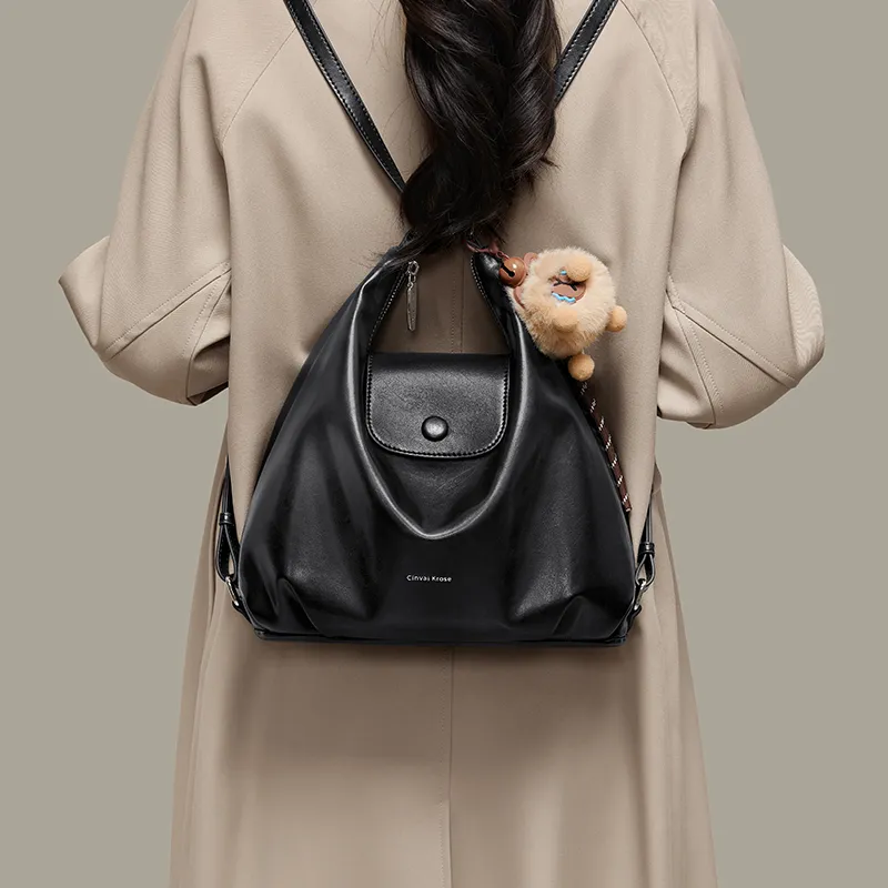 CinvaiKrose Synthetic Leather Shoulder Bag, Handbag, Tote Bag, Backpack Medium Size Women's Black/Coffee/Ecru-5