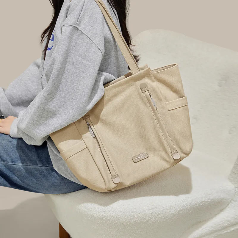 CinvaiKrose Fabric, Synthetic Leather Tote Bag, Shoulder Bag Tubas Women's Beige Apricot/Black-6