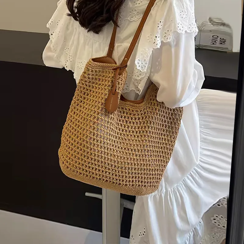 CinvaiKrose Yarn One Shoulder Tote Shopping Bag Portable Large Bag Large Size Women's Khaki-2