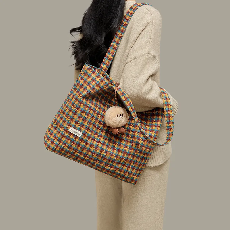 Simvay Clos Fabric Handheld Tote Bag Shopping Bag Shoulder Bag Large Size Women's Houndstooth Yellow-3