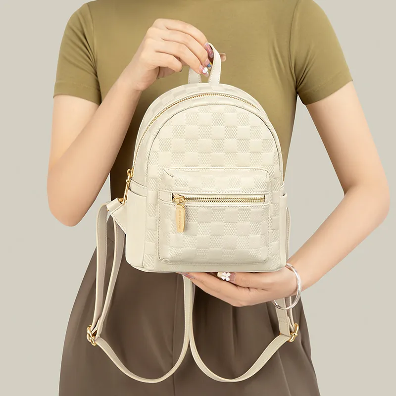 CinvaiKrose Cow Leather Patchwork Synthetic Leather Travel Backpack Medium Size Women's Black/Ecru-12