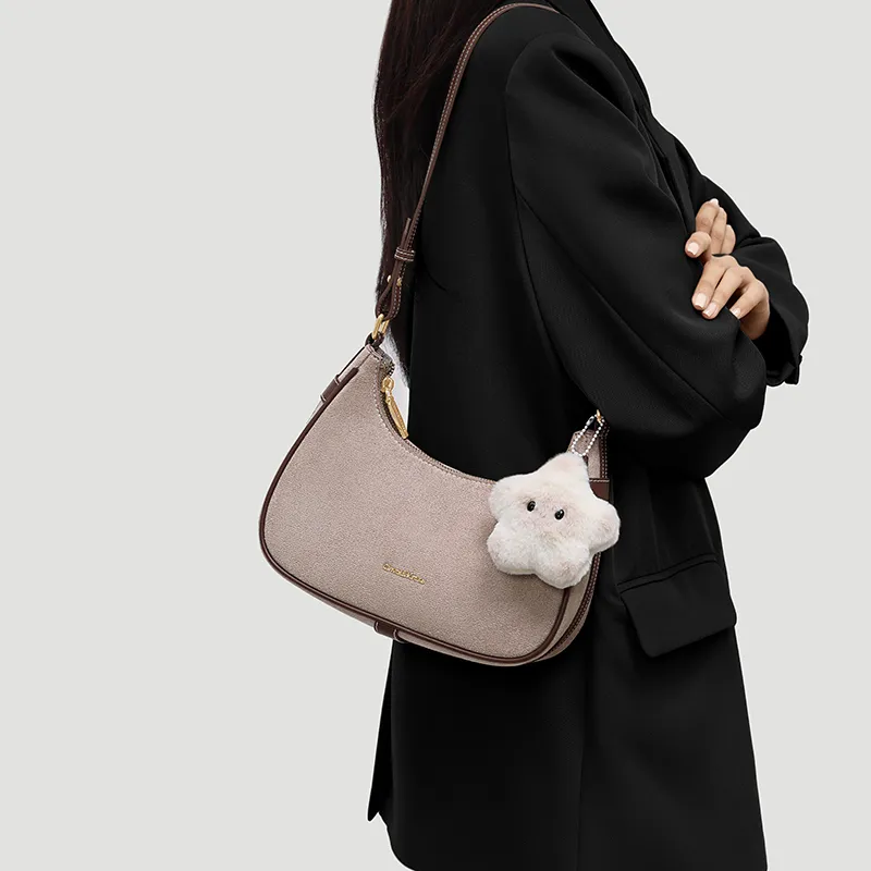 CinvaiKrose Fabric With Synthetic Leather Shoulder Bag Crossbody Bag French Shoulder Bag Small Size Women's Brown-4