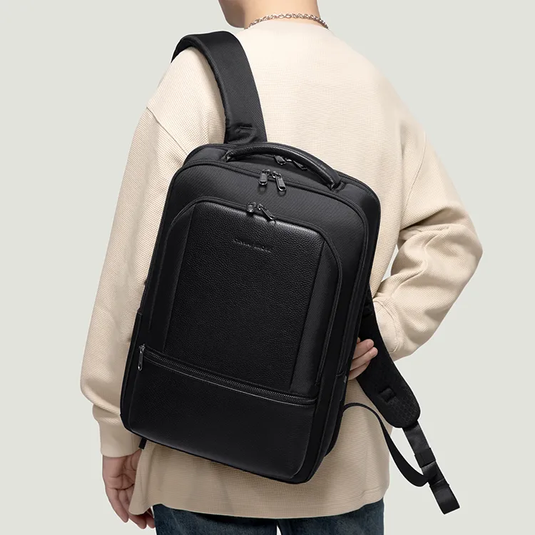Simvay Clos Fabric With Cow Leather Backpack Laptop Bag Travel Bag Large Size Men's Black-9