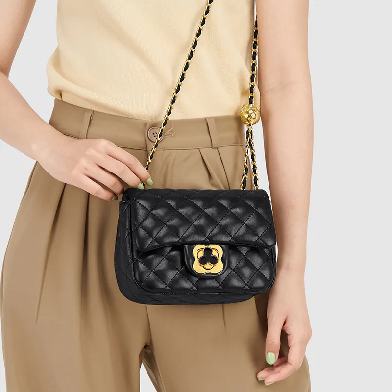CinvaiKrose Microfiber With Cow Leather Shoulder Bag Crossbody Bag Small Size Women's Diamond Pattern Black-2