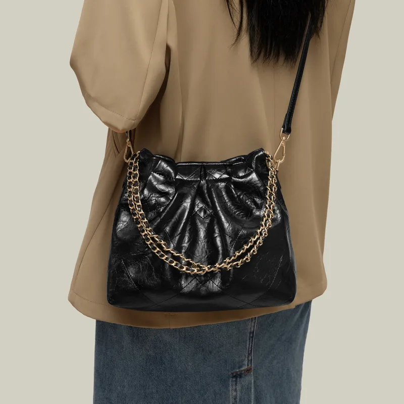 CinvaiKrose PU Shoulder Bag, Crossbody Bag, Hobo, Bucket Bag Medium Size Women's Ecru/Black-10