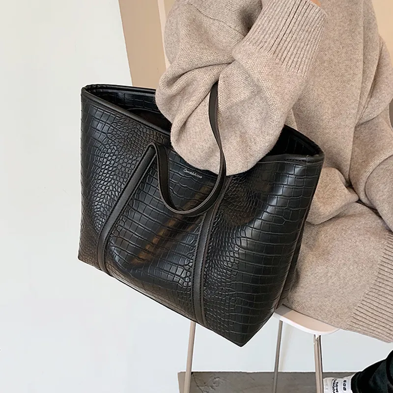 Simvay Clos PU Bonded Synthetic Leather Portable Tote Shoulder Bag Tote Shopping Bag Large Size Women's Black/Ecru-1