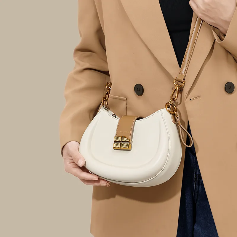 Simvay Clos PU Saddle Bag Shoulder Bag Crossbody Bag Handbag Small Size Women's Ecru/Brown/Black-7