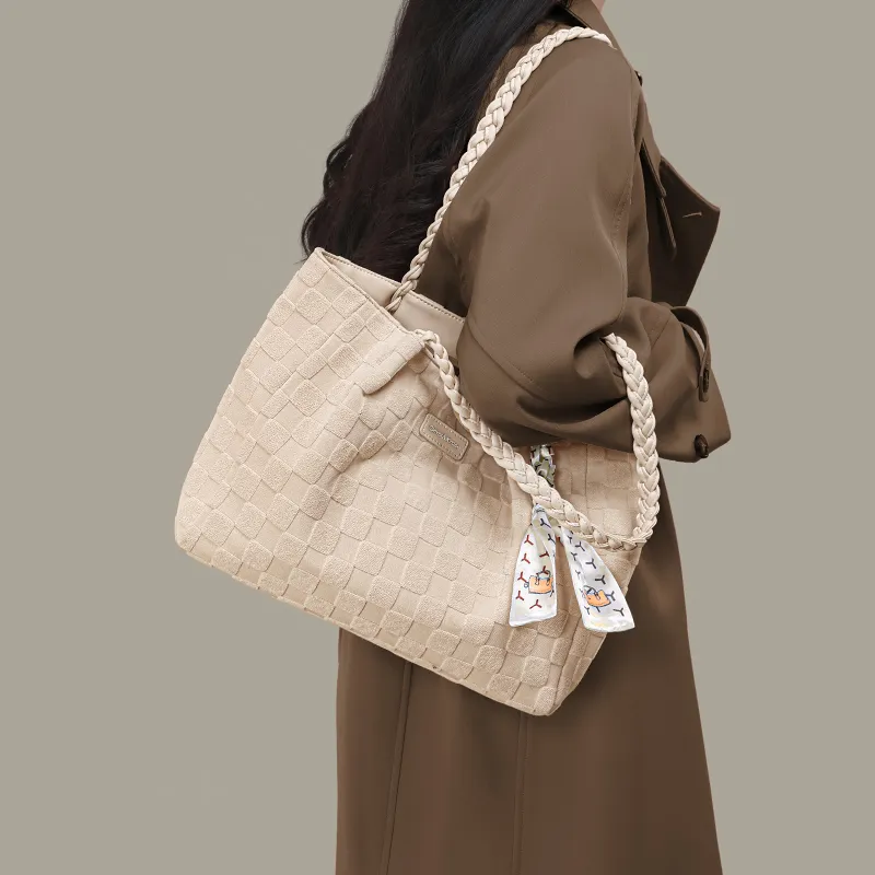 Simvay Clos Fabric With Synthetic Leather Tote Bag Shopping Bag Handbag Shoulder Bag Large Size Women's Beige Apricot-5