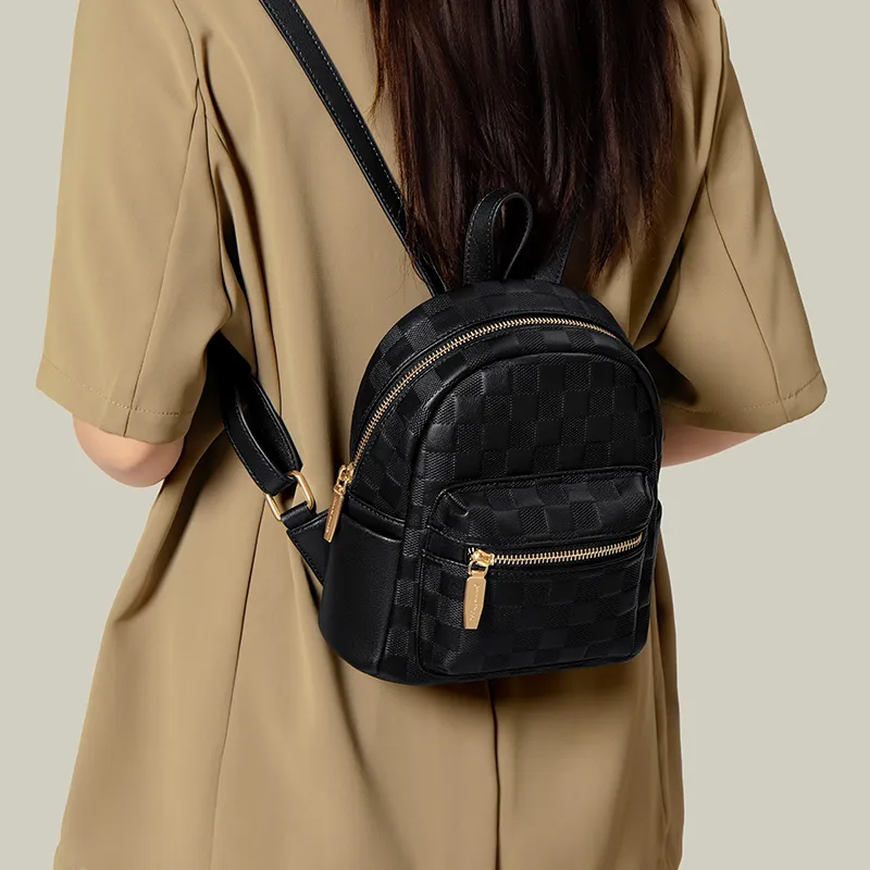 CinvaiKrose Cow Leather Patchwork Synthetic Leather Travel Backpack Medium Size Women's Black/Ecru-2