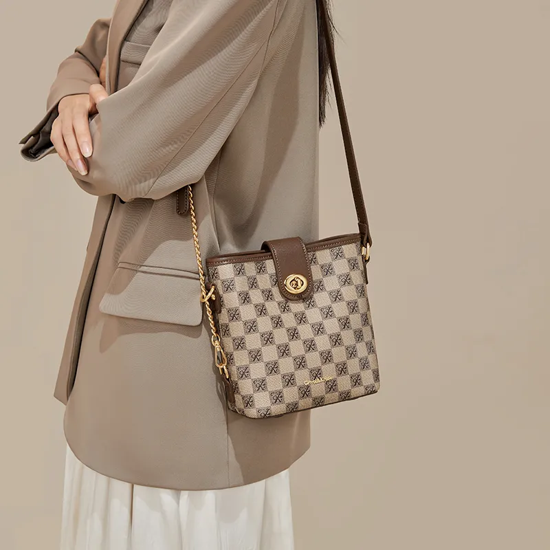 Simvay Clos PVC With Synthetic Leather Chain Shoulder Bag Crossbody Bag Bucket Bag Small Size Women's Khaki-1
