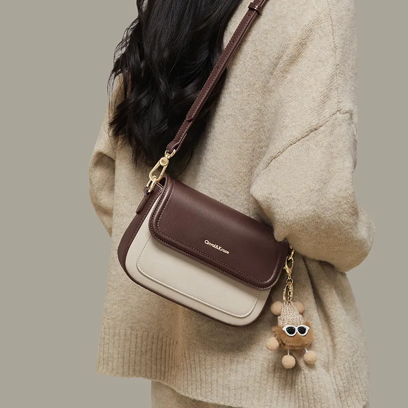 CinvaiKrose Cow Leather With Synthetic Leather Shoulder Bag, Crossbody Bag Small Size Women's Ecru & Coffee-2