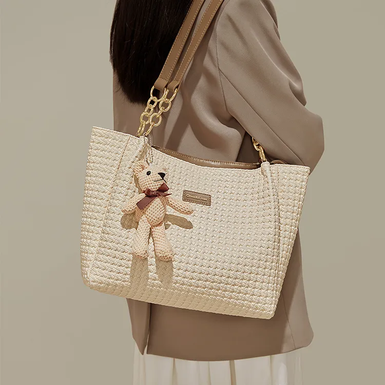 Simvay Clos PVC And Synthetic Leather Shoulder Bag Handheld Tote Shopping Bag Large Size Women's Coffee/Ecru-11