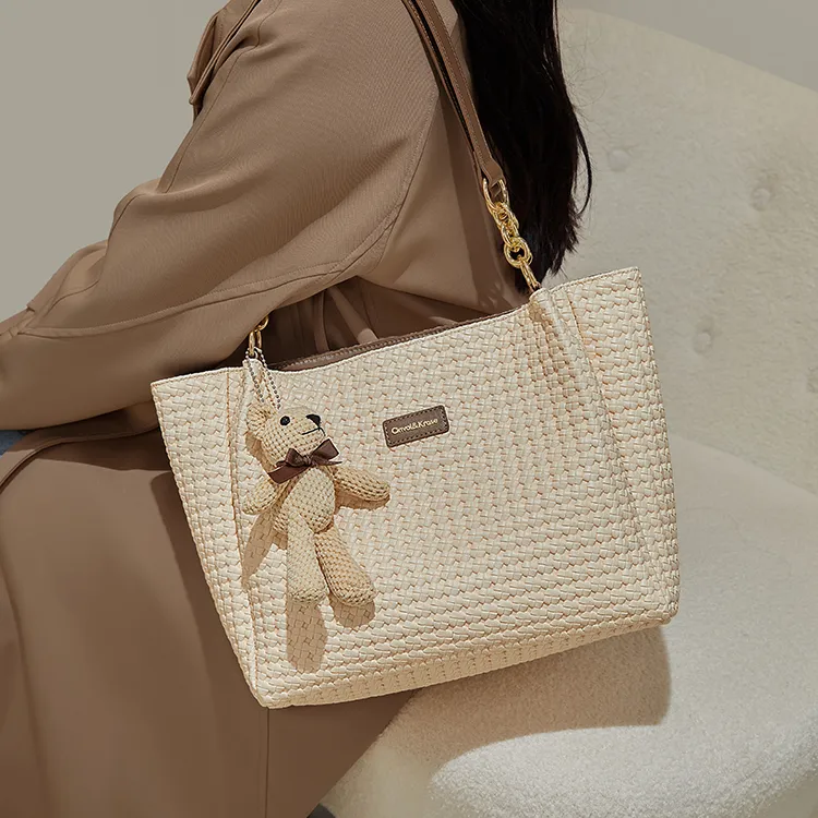 Simvay Clos PVC And Synthetic Leather Shoulder Bag Handheld Tote Shopping Bag Large Size Women's Coffee/Ecru-14