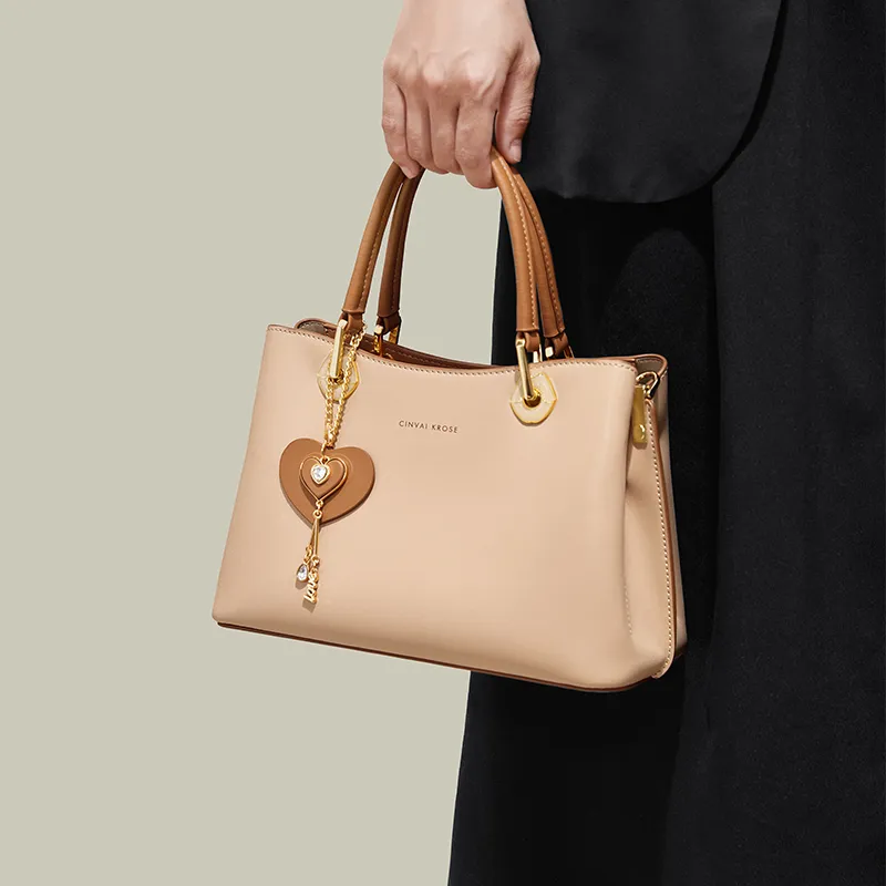 Simvay Clos Cow Leather With Synthetic Leather One Shoulder Handbags Medium Size Women's Apricot/Ecru/Black-1