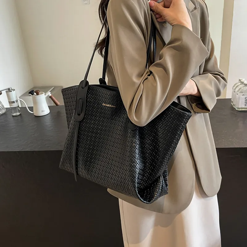 Simvay Clos PVC With Synthetic Leather Tote Bag Shopping Bag Shoulder Bag Large Size Women's Black/Ecru & Brown-3